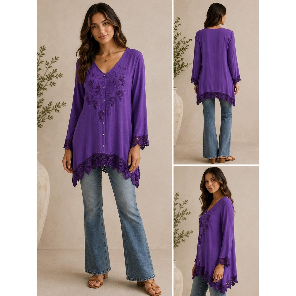 Vintage Purple Embroidered Crochet Lace Boho Tunic Blouse Papillon XL Rayon